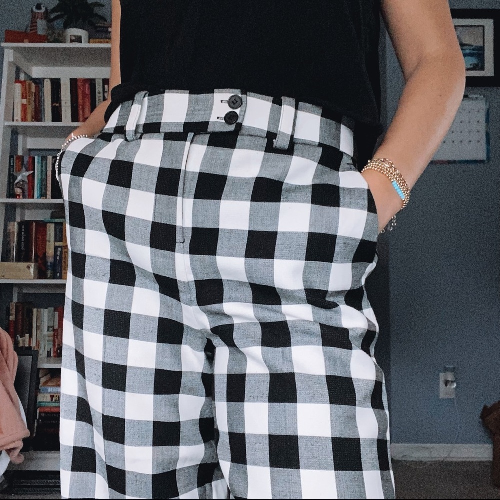 black and white plaid flare trouser pants